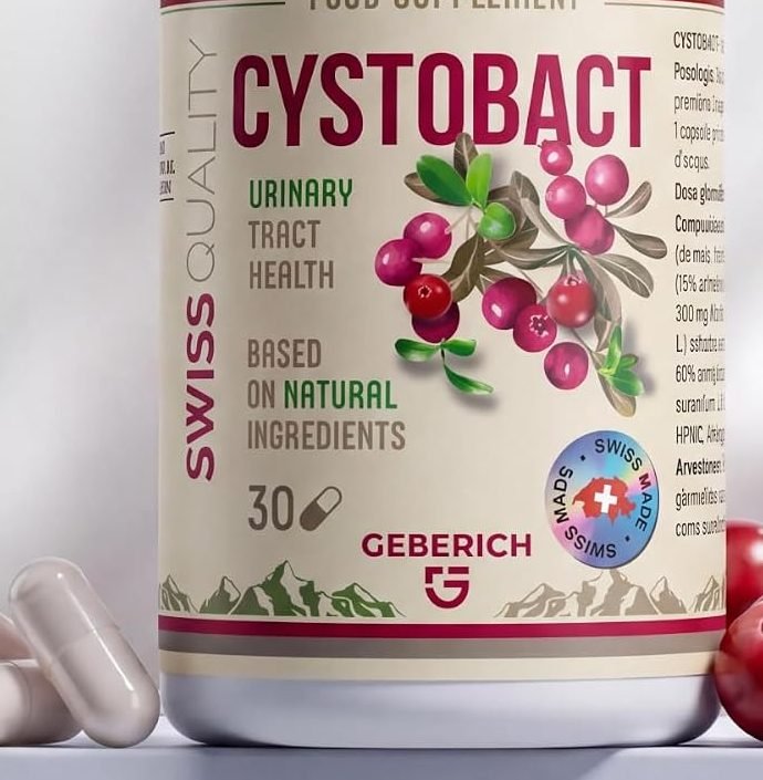 Étiquette du flacon Cystobact : complément alimentaire de 30 gélules, qualité suisse, marque Geberich