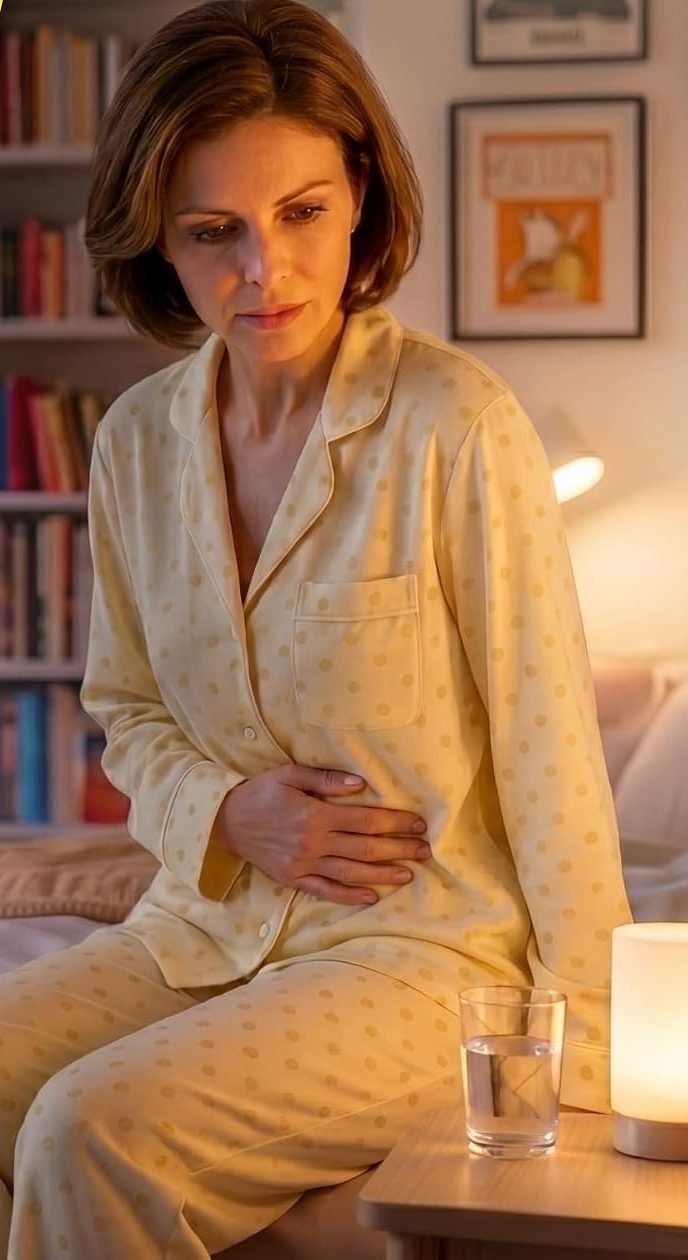 Femme d’une quarantaine d’années assise au bord du lit la nuit, la main sur le ventre, l’air préoccupé