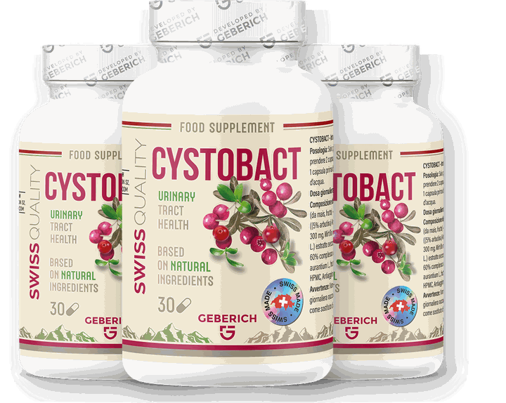Trois flacons de Cystobact de 30 gélules, complément alimentaire Geberich fabriqué en Suisse